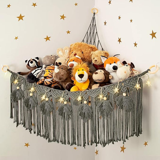 ANROYE Macrame Stuffed Animal Hammock with Star Light, Bear Storage Net for Girls Room Decor, Corner Hanging Mesh Organizer Idea for Nursery, Plushies Toy Wall Hanging Display Holder Kid Boy Gift