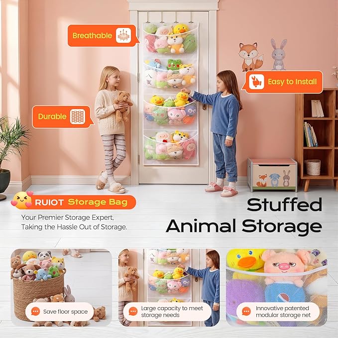 Upgraded Assembly Type Stuffed Animal Storage. Original Design & Patented, 4 Components Over the Door Organizer, Adjustable Stuffed Animals Storage, Suitable for Doors and Walls of Various Heights.