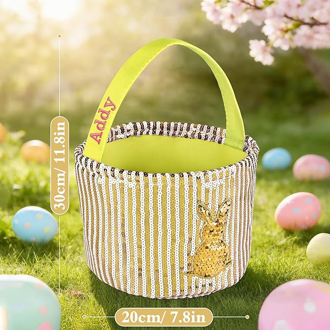 Personalized Easter Basket for Kids, Boys & Girls – Ideal for Egg Hunting & Easter Gift Storage (Yellow Sequin Bunny Basket)