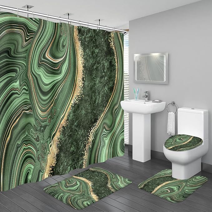 4PCS Sage Green Marble Bathroom Sets with Shower Curtain and Rugs, Abstract Gold Shower Curtain Sets with Rugs for Bathroom, Modern Bathroom Curtains Shower Set with Toilet Lid Cover