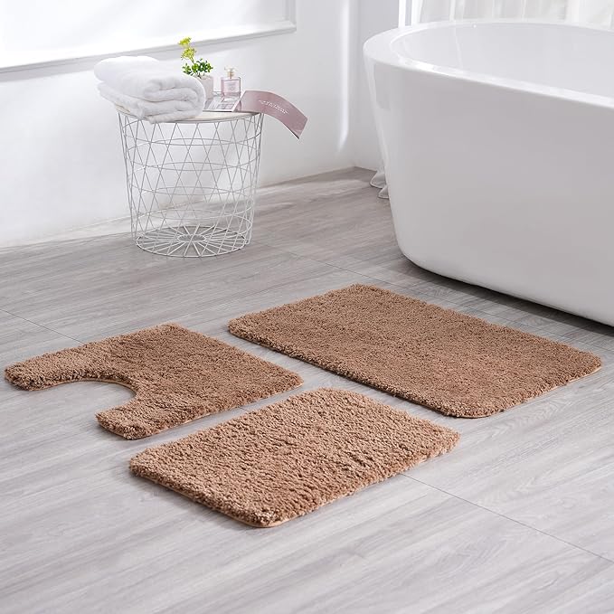3 Pieces Luxury Bathroom Rug Set with U-Shaped Toilet Rug, Non-Slip Rubber Bottom, Thick Microfiber Fluffy Plush, Water absorption, Quick Dry, Ultra Soft, Bath Mats for Bathroom, Tub(Champagne)