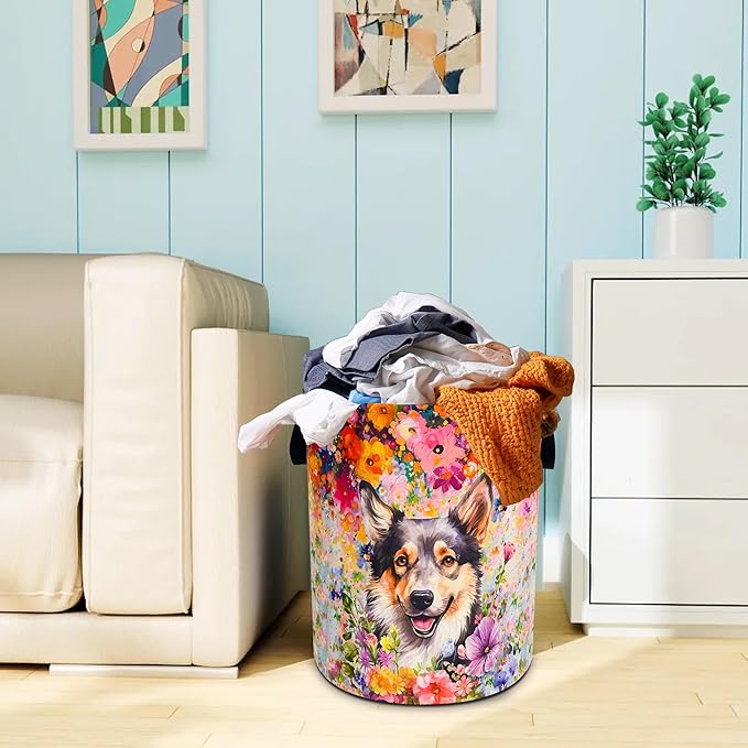 Dog Laundry Basket Oxford Cloth Pet Flowers Laundry Hamper With Handle Foldable Portable Clothes Storage Basket 18.9 X 16.5 In Storage Bag For Laundry Room/Bathroom/Bedroom/Dormitories