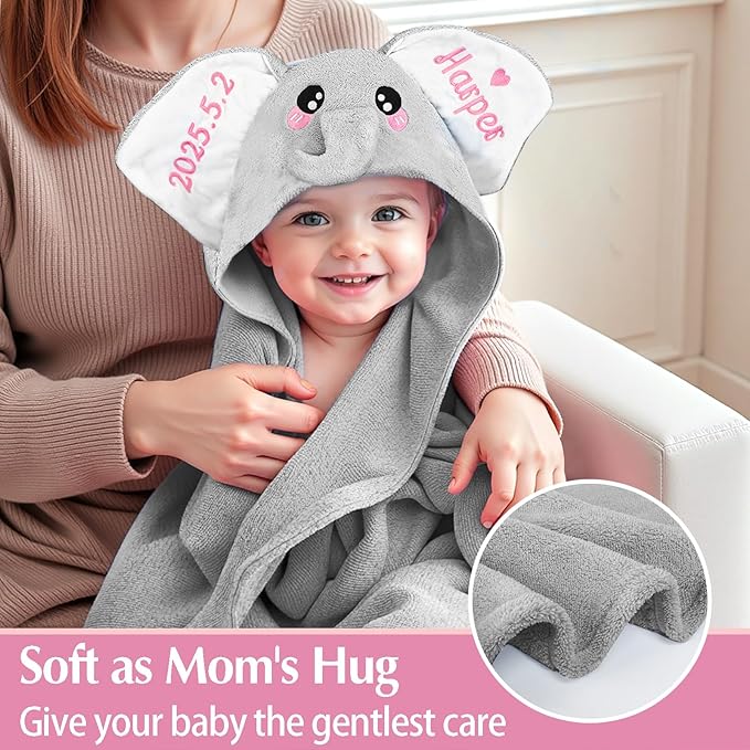 Baosity Custom Hooded Baby Towel with Name, Personalized Soft Absorbent Elephant Bath Towel, Shower Towels for Girls Boys, Easter Brithday for Kids Baby, Toddler, Newborn Essential
