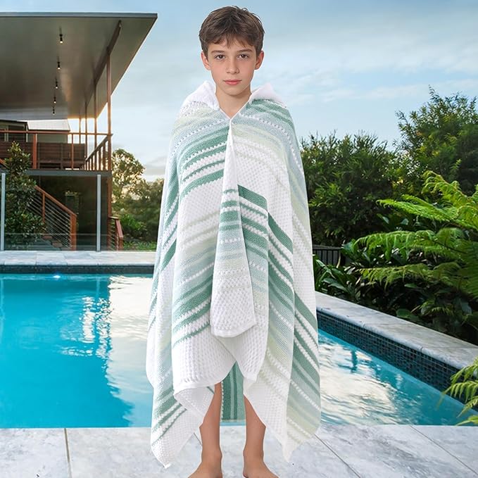 Hooded Bath Towel for Teens (6-12 Years,64"X33") | Soft Fluffy Quick Dry Absorbent 100%Cotton Thick Towel Wrap for Big Kids | Versatile Beach, Pool, Swim & Bath Cover-Up | Light Green Vertical Stripe