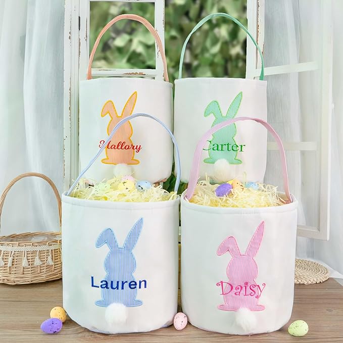 MT WORLD Toddler Easter Bunny Basket Personalized Easter Egg Bucket for Kids with Name Canvas Rabbit Bucket Tote for Baby Boys Girls Easter Egg Hunts Decorations Candy Gifts Storage (Green Bunny)