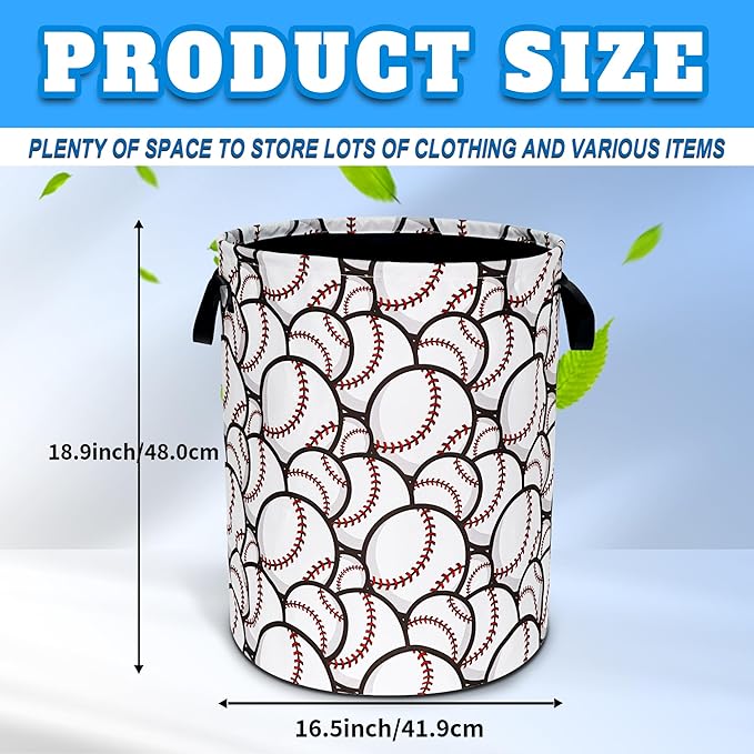 Baseball Laundry Basket Ball Sports Oxford Cloth Laundry Hamper With Handle Foldable Portable Clothes Storage Basket 18.9 X 16.5 In Storage Bag For Laundry Room/Bathroom/Bedroom/Dormitories