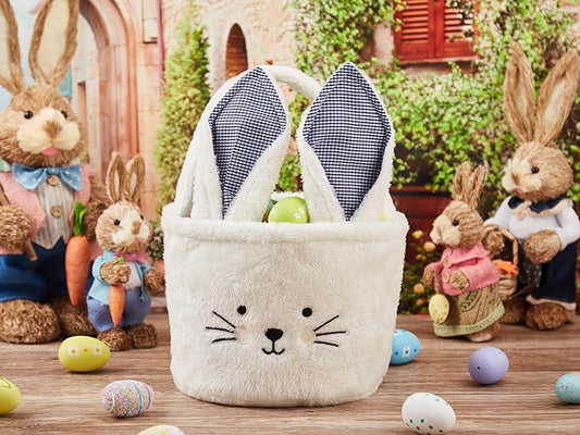 Easter Baskets for Kids Egg Basket Gingham Bunny Ear Bucket Candy with Handle Tote Bucket Reusable Goody Baskets for Kids Gifts Bags