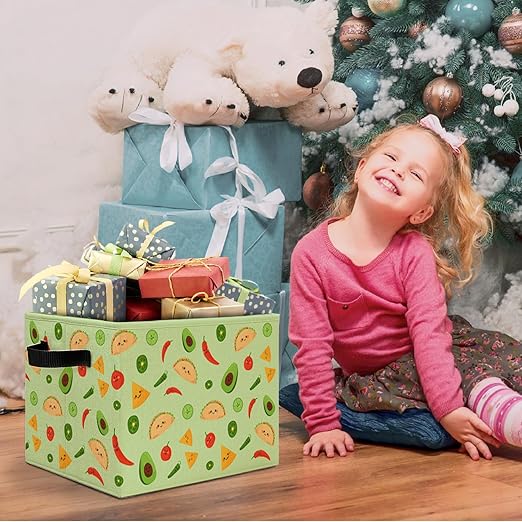 Green Mexican Taco Avocado Storage Bins Box with Handles, Chili Nacho Mexican Food Laundry Basket Hamper Collapsible Clothes Toys Organizer for Home Kitchen Kids Room Playroom