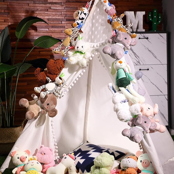 Blulu Stuffed Animal Storage Chain with 20 Clips 78.74'' Toy Chain Hanging Organizer Hammock with Hooks Plush Toy Corner Organizer for Nursery Bedroom Playroom Wall Decor(White Clip)