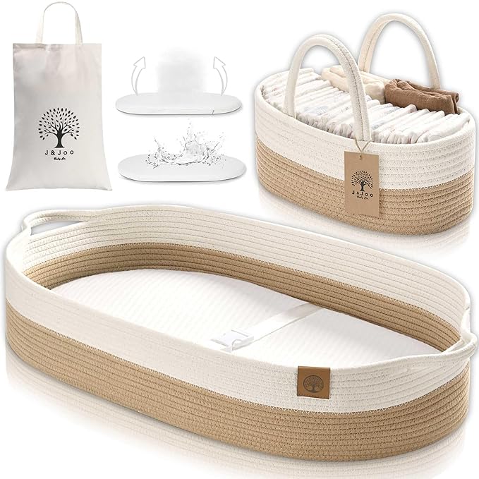 Baby Changing Basket Includes Diaper Caddy - Soft & Waterproof Dual-Cover, Portable, Changing Pad for Dresser & Changing Table, Gift for Baby Shower, Organic Cotton Rope