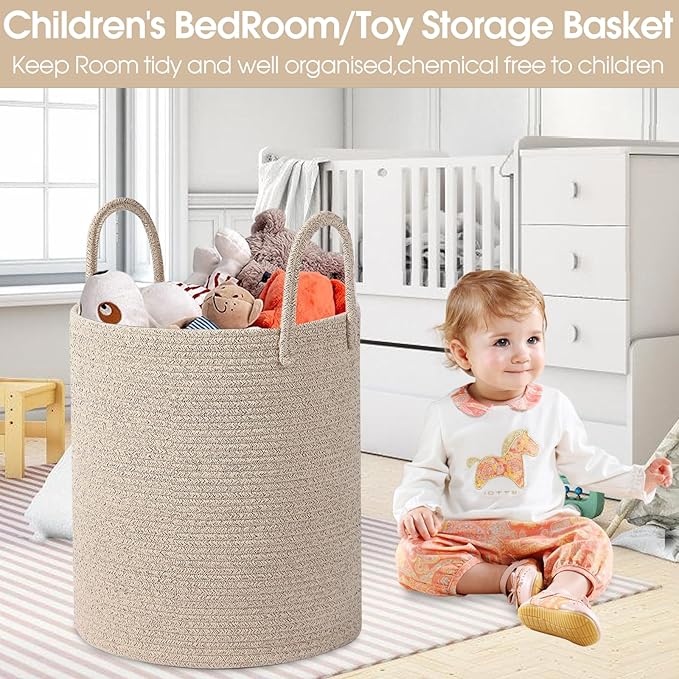 Large Woven Laundry Basket Hamper,Cotton Rope Storage Basket with Handles, 60L Capacity, 15x20 Inch, Beige, Woven Rope Basket Organizer for Laundry, Toys, Blankets