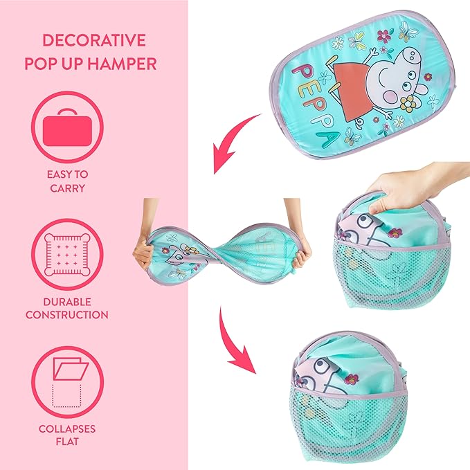 Peppa Pig Collapsible Laundry Basket, Lightweight Clothes Storage Organizer, Foldable Hamper for Bedroom & Playroom