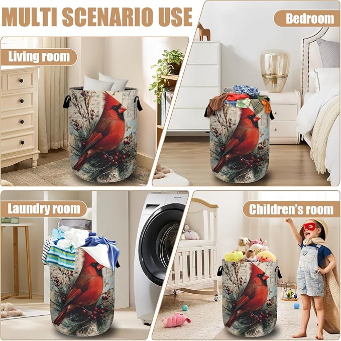Vintage Red Bird Watercolor Laundry Basket, Red Cherry Branch Laundry Hamper Tote Bag Dirty Clothes Storage Bucket Toy Organizer for Bathroom/Laundry/Bedroom 15.7"x19.6"