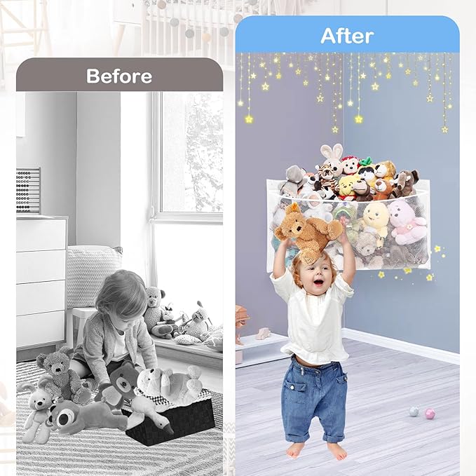 ANROYE Large Corner Stuffed Animal Storage, Kids Plushies Toy White Wall Hammock for Girls Room, Baby Squishmallow Holder for Nursery, Organizer Idea for Bear Hanging Display Boy Gift