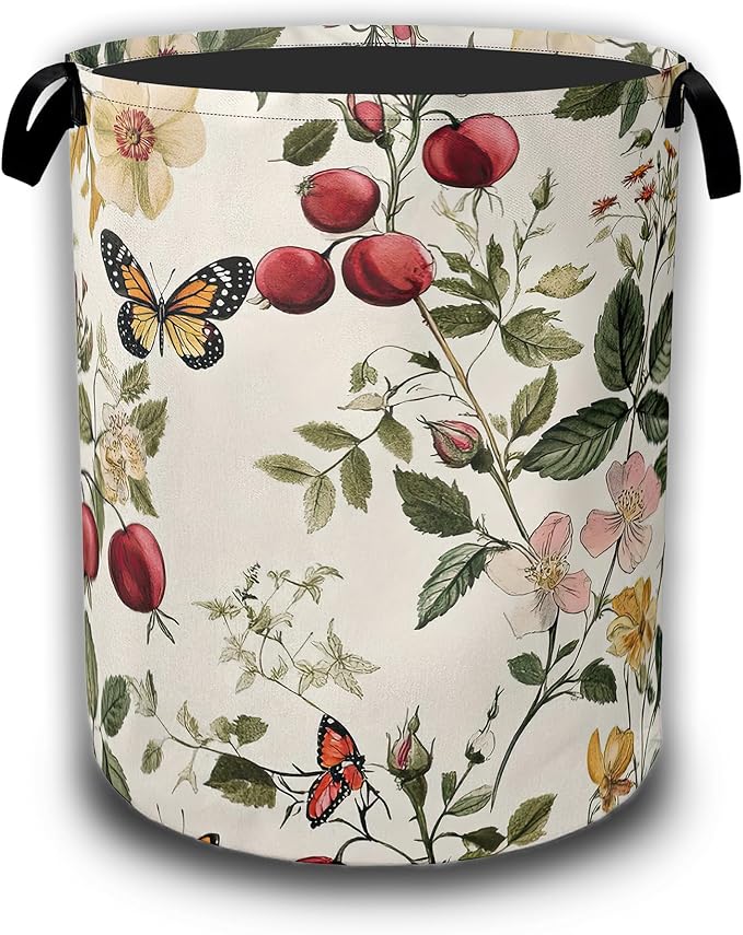 Vintage Flower Butterfly Laundry Baskets,Botanical Floral Laundry Hamper,Storage Basket with Handles for Bathroom Bedroom College Dormitory Living Room Nursery Organizer 16"x20.8"
