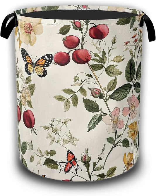 Vintage Flower Butterfly Laundry Baskets,Botanical Floral Laundry Hamper,Storage Basket with Handles for Bathroom Bedroom College Dormitory Living Room Nursery Organizer 16"x20.8"