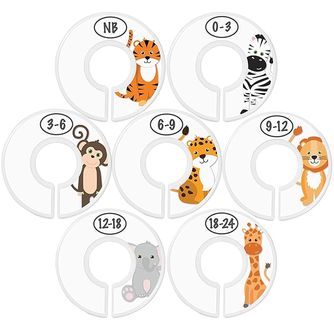 Baby Closet Size Dividers - 7X Safari Nursery Closet Dividers for Baby Clothes - Elephant Giraffe Zebra Lion Monkey Cheetah Nursery Decor - Baby Closet Dividers for Boy or Girl - [Safari] [White]