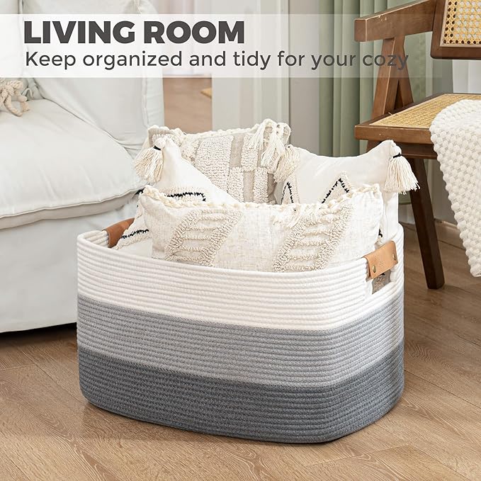 danpinera Large Woven Basket 72L+50L Rectangle Toy Storage Basket for Living Room, Nursery & Laundry, Large Cotton Rope Basket with Leather Handle, Gradient Gray&Brown