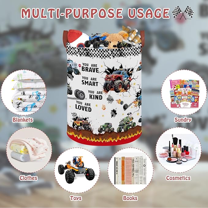 Monster Trucks Laundry Hamper Basket Kid Gift Toy Bin Empty Car Nursery Decor Hamper,Storage Basket Collapsible Clothes Book Organizer Bin for Boy,Valentine's Day Gift (Monster Trucks-Fire)