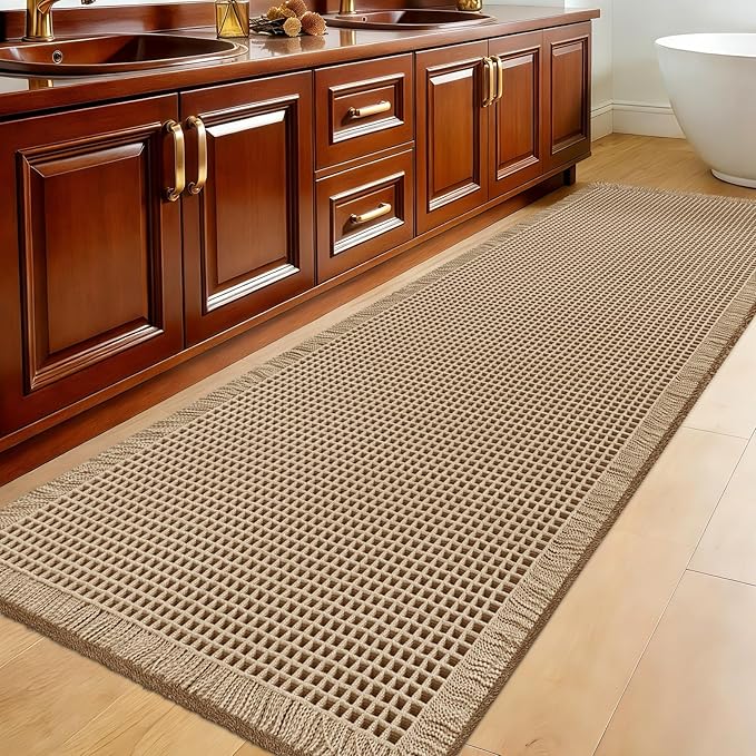 Accumtek Extra Large Waffle Bath Mat, 5'x2' Beige, Super Absorbent Non-Slip Quick Dry Bathroom Rugs with Tassels, Machine Washable Ultra Soft Boho Bath Rugs for Floor, Toilet Mats Boho Farmhouse Decor