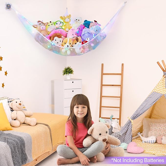 Basumee Stuffed Animals Net or Hammock with LED Light Hanging Toy Net Hammock for Stuffed Animals Storage Stuff Animals Hammocks for Nursery Room with Remote Control, 8 Kinds of Lights(Pack of 1)