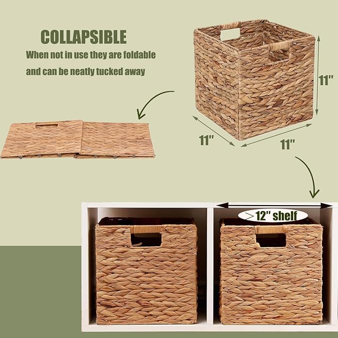 Storage Baskets 11x11inch Cube Baskets 4 pcs Baskets,Foldable Handwoven Water Hyacinth Laundry Organizer,Cube Storage Baskets