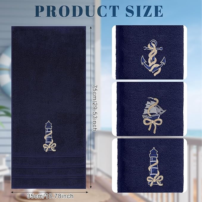 3 Pack Coastal Nautical Hand Towels for Bathroom 100% Cotton Embroidered Anchor Sailboat Lighthouse Beach Bathroom Towels 13.78 x 29.53 Inch Soft Absorbent, Navy Blue