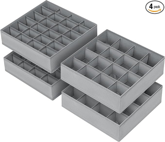 Joyoldelf Sock Drawer Organizer Divider 4 Packs Underwear Organizer, 2 x 24 Cell + 2 x 16 Cell Closet Organizers and Storage Sock Holders for Storing Socks, Handkerchiefs, Ties, Belts (Grey)