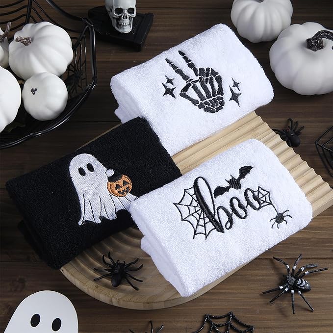 3 Pcs Halloween Hand Towels for Bathroom, Boo Ghost Black White Embroidered Towels Farmhouse Decorative 13.78 x 29.53 Inch Absorbent Soft Cotton for Kitchen Dish Fast Drying Gift