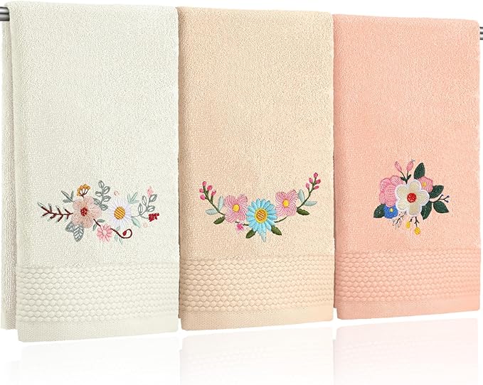 3 Pcs Boho Flowers Hand Towels Embroidered Modern Flowers Bathroom Decor 14x29 Inch Farmhouse Boho 100% Cotton Soft Decorative Hand Towels for Bathroom Kitchen