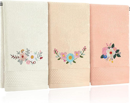 3 Pcs Boho Flowers Hand Towels Embroidered Modern Flowers Bathroom Decor 14x29 Inch Farmhouse Boho 100% Cotton Soft Decorative Hand Towels for Bathroom Kitchen