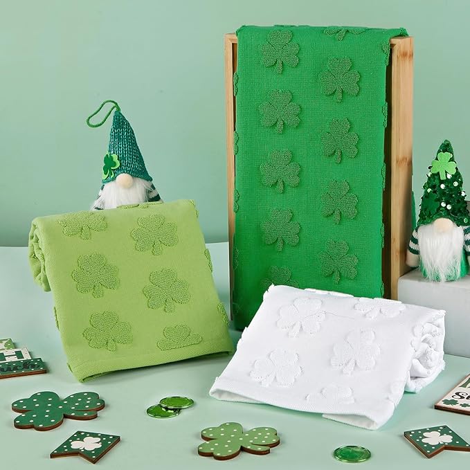 3 Pack St. Patrick's Day Hand Towels Green White Clover Shamrocks 100% Cotton Decorative Bathroom Towels Set for Drying, Cleaning, Cooking, Everyday Use,13.7'' x 29.5''