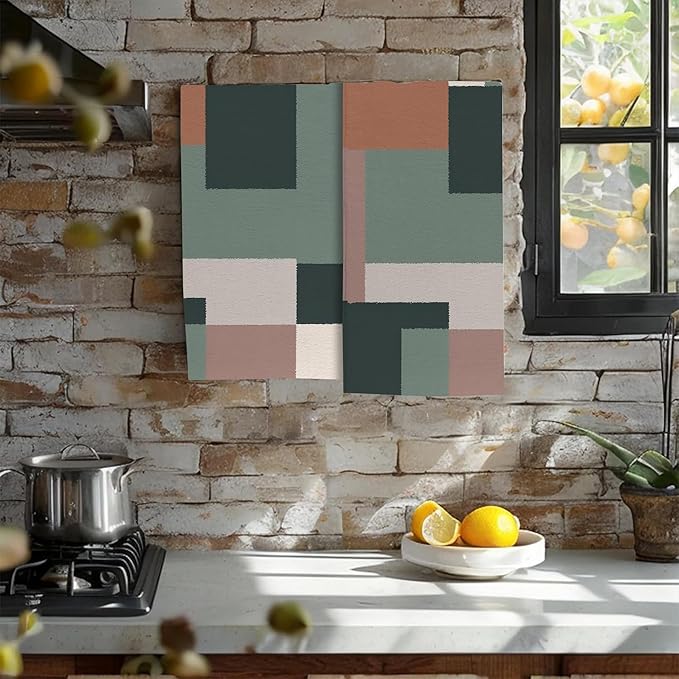 Green Orange Beige Geometric Hand Towel for Bathroom Set of 2,Boho Abstract Minimalist Checkered Art Bathroom Hand Towel,Soft Absorbent Decorative for Hotel Home Decor