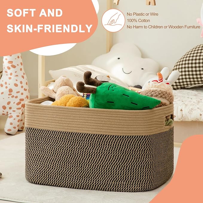 75L Large Blanket Basket, Toy Basket Bin for Kids, Cotton Rope Woven Storage Basket for Living Room, Bedroom, Nursery, Baby Room Decorative Organizer, 22''×17''×12'', Brown & Black