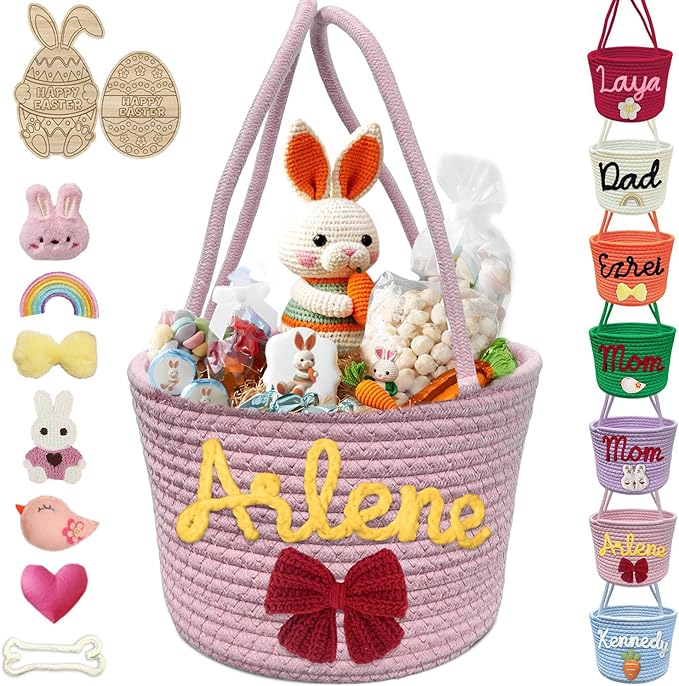 Personalized Easter Basket for Boys Girls Custom Name Baskets with Handle Woven Rope Rabbit Eggs Bucket Gifts