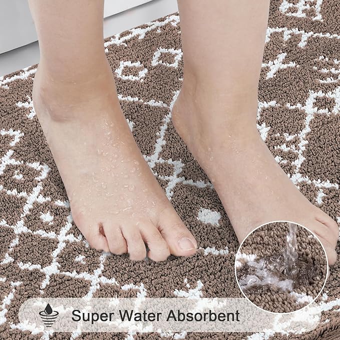 HEBE Bathroom Rugs Sets 5 Piece, Soft Absorbent Microfiber Bath Mat for Bathroom, Non Slip Washable Bath Rug Set with Toilet Cover, Bath Runner and U-Shaped Contour Toilet Rug, Coffee
