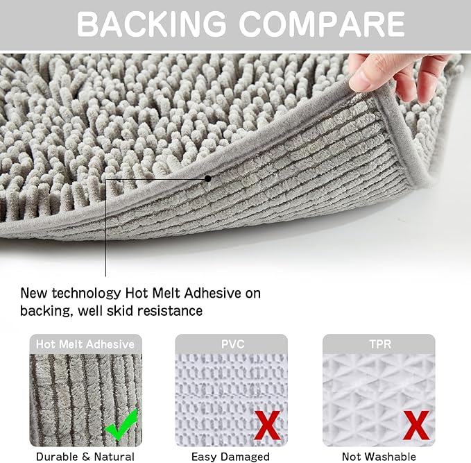 Grey Chenille Bathroom Rug 17"x24" Inch - Non Slip Absorbent Bath Mat for Shower, Quick Dry Machine Washable Floor Mats, Soft Plush