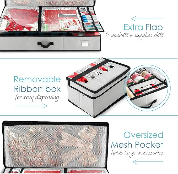 Hearth & Harbor Wrapping Paper Storage Container - Christmas Storage Bag with Ribbon Dispenser and Interior Pockets - Gift Wrap Organizer Fits Up to 26 Rolls of 40" Length, Silver