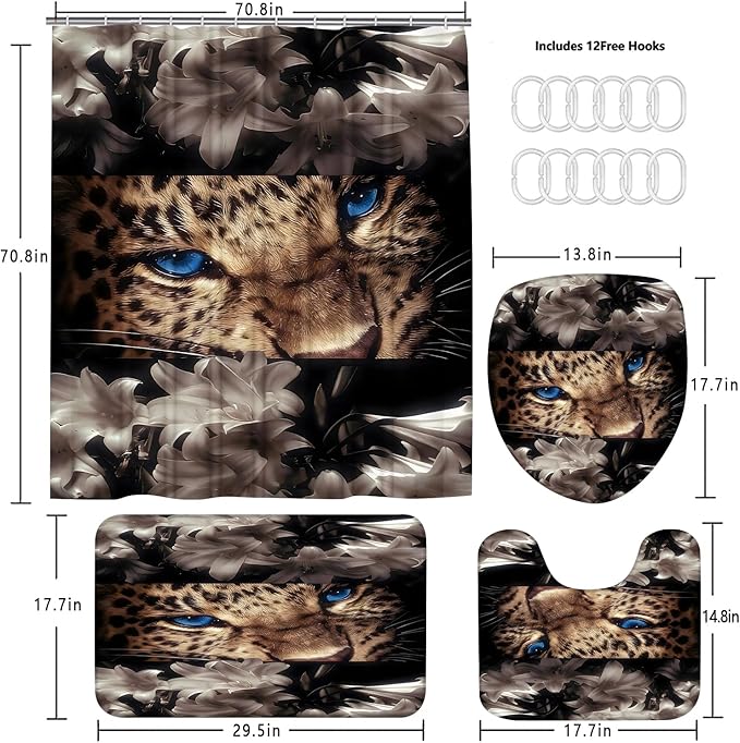 4 Piece Brown Shower Curtain Set with Rugs, Majestic Blue Eyes Leopard & White Lily Floral Art, Modern Aesthetic Waterproof Fabric Bathroom Decor, Non-Slip Mats & Toilet Lid Cover