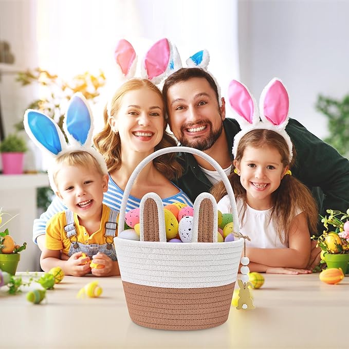 Easter Baskets for Kids, Small Bunny Personalized Easter Basket Empty with Handle, Basket Name Tags, Woven Rope Baby Easter Egg Baskets for Babies Girls Boys Toddler Infant, 8.7" x 6.9" x 6.3"
