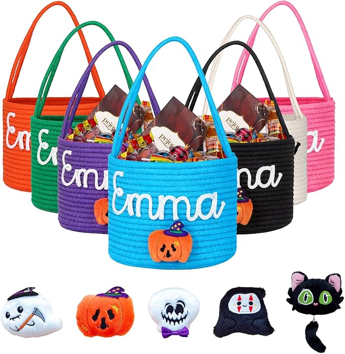 Personalized Halloween Basket, Custom Trick or Treat Bag with Name, Hand-Woven Candy Bucket, Spooky Decor for Boys & Girls (Style 1)