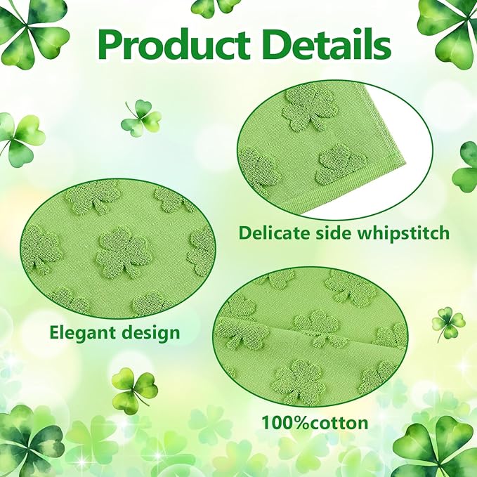 2 Pack St. Patrick's Day Hand Towels Kitchen Dish Towels Green Clover Shamrocks 100% Cotton Soft Absorbent Decorative Bathroom Towels Set for Cooking Baking Cleaning, 13.7'' x 29.5''