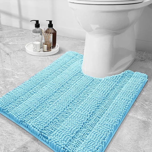 Grandaily Chenille Striped Toilet Rugs U-Shaped 24x20, Extra Soft and Absorbent Bathroom Rugs, Non-Slip Plush Shaggy Bath Rug, Machine Washable Contour Bath Mats for Toilet Base, Blue