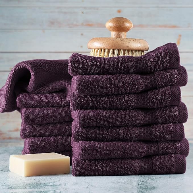 Hearth & Harbor Washcloths 12 Pack - 100% Cotton Washcloth for Body and face, High Absorbent and Soft 13"x13" Body Wash Cloth, Quick Dry - Purple Washcloths