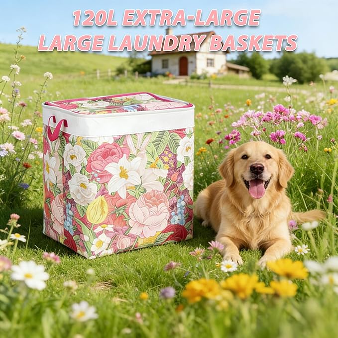 120L Extra Large Laundry Basket with Lid & Handles, Cottagecore Flower Collapsible Laundry Hamper, Waterproof Oxford Cloth Storage Basket for Laundry Room Organization