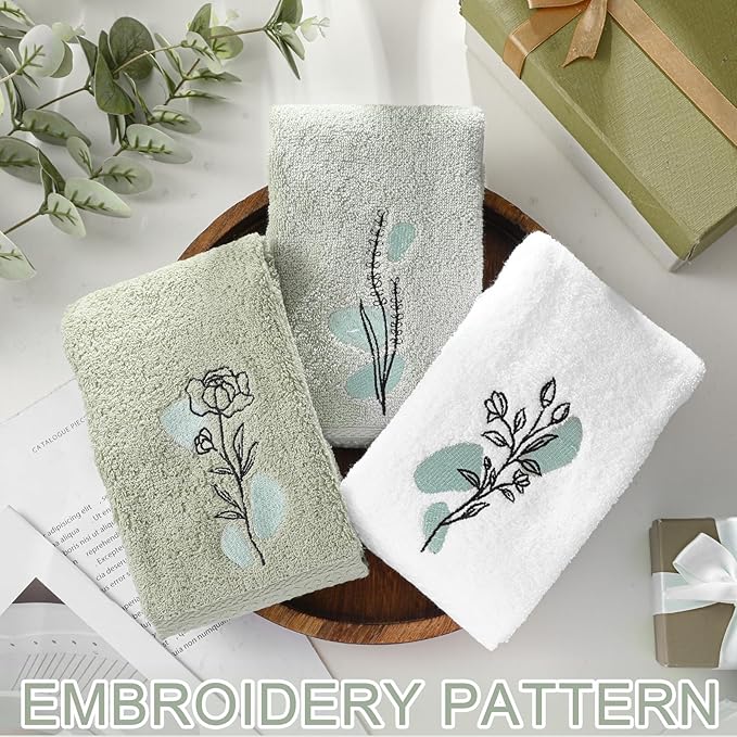 Abstract Botanical Hand Towels Boho Sage Green Botanical Bathroom Decor 14x29 Inch Embroidered Decorative Cute Summer Flowers Cotton Soft Absorbent Hand Towels for Bathroom Kitchen