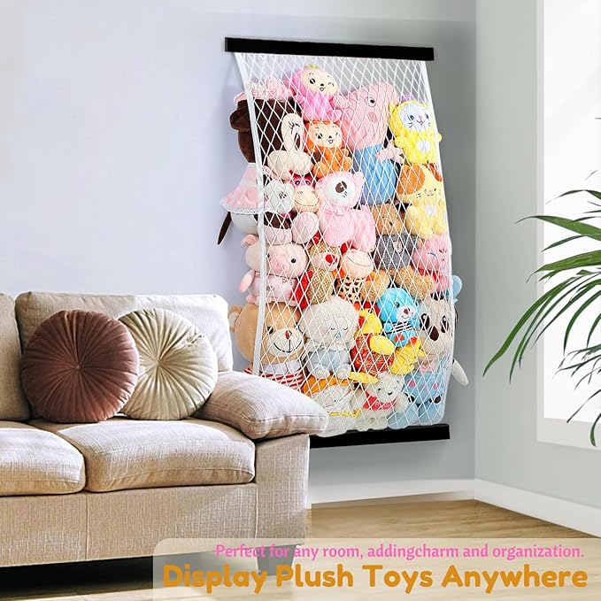 Stuffed Animal Storage Net, Elastic Stuffed Toy Holder,Door/Wall Mount Length Adjustable Hanging Soft Toy Organizer, Plushie Net for Nursery Play Room-Black Boards