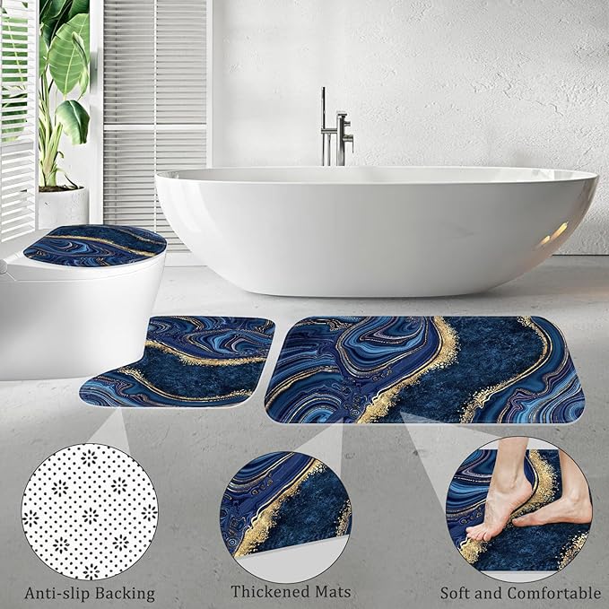 4PCS Navy Blue Gold Marble Shower Curtain Sets with Rugs, Abstract Bathroom Sets with Shower Curtain and Rugs, Gold Bathroom Curtains Shower Set with Toilet Lid Cover Accessories