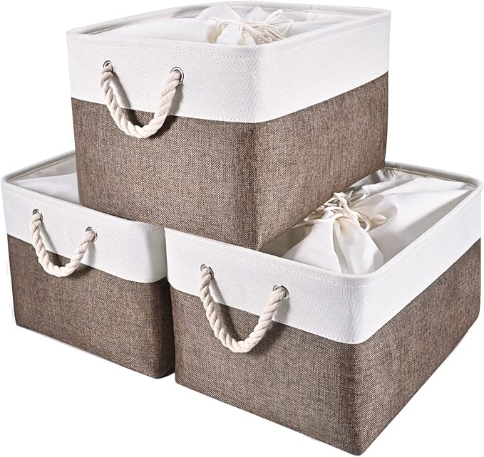 HOdo Home 15.8×11.8×9.5In/3PCS Fabric Storage Bin with Drawstring Closure and 2 Bold Handles, Collapsible Large Canvas Storage Baskets for Organizing Shelf Nursery Home Closet (Brown)