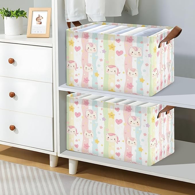 Collapsible Storage Baskets With Handles Cartoon Unicorn Lovely Stripes Medium Storage Box for Clothes Organizing Waterproof Foldable Storage Bins set of 2